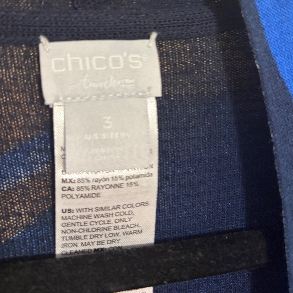 Chico's Travelers Kimono Cardigan Abstract Blue Gold Open Front XL 3 Art To Wear - Picture 4 of 6